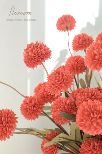 Floroom 5pcs Coral Orange Faux Silk Mums Artificial Flowers, Bulk Fake Small Mini Chrysanthemums with Stems for DIY Wedding Centerpieces Floral Arrangements Vase Fillers Home Decorations - color: Coral Orange, size: 5pcs