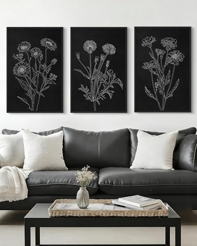 Drsoum Black White Flower Wall Art Vintage Minimalist Floral Wall Hanging Decor Bohemain Botanical Prints Artwork for Bedroom Living Room Hallway 24x36in Black Framed - color: White Flower, size: 24x36in, Black Framed