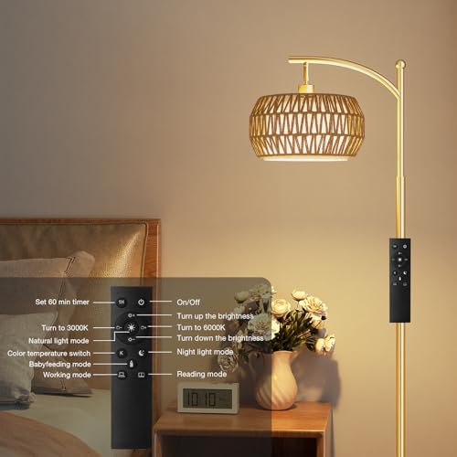 Ambimall Arc Floor Lamp for Living Room with Remote, Color Temperature & Brightness Adjustable, Bohemia Standing Lamp with Rattan & Fabric Double Drum Shades, Bulb Included(Gold) - color: Gold Bohemian