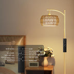 Ambimall Arc Floor Lamp for Living Room with Remote, Color Temperature & Brightness Adjustable, Bohemia Standing Lamp with Rattan & Fabric Double Drum Shades, Bulb Included(Gold) - color: Gold Bohemian