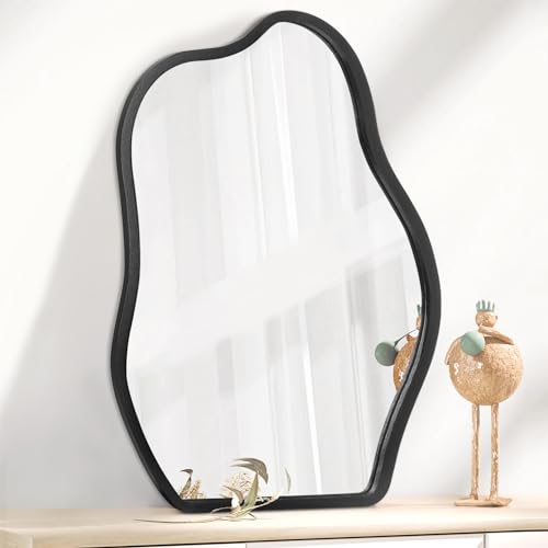 Irregular Mirror for Wall Decor Asymmetrical Wooden Framed Wall Mirror Modern Unique Shape Vanity Artistic Cloud Mirror Decorative for Living Room Bedroom Bathroom Entryway Black - color: Inky, size: 26"L x 18"W