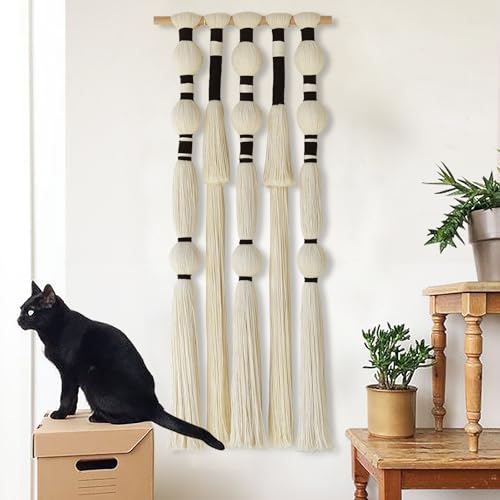 Flber Macrame Wall Hanging Tassels Sphericity Cotton Textile Hanging Geometric Yarn Wall Art for Bedroom Living Room Decor 15.7" W x 39" L - color: Ivory