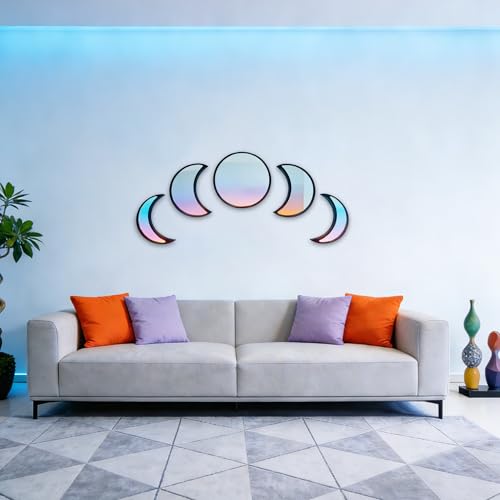5-piece Set of Moon Phase Mirror Decorations in Nordic Style, Acrylic Mirror paired with Wooden Combination, Bohemian Style Living Room Bedroom Home Decoration, Black (Black) - color: Black
