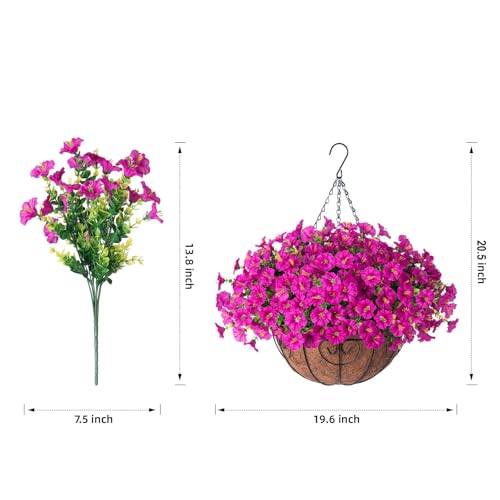 2 Set Artificial Hanging Flowers Baskets Fake Plants for Outdoors Spring Porch Decor, 24 Pcs UV Resistant Faux Silk Morning Glory Eucalyptus with 2 Hanging Planters Realistic for Outside Patio Outdoor - color: Fuchsia