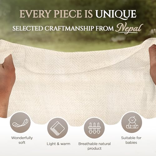 Cashmere Blanket – Hand Woven 100% Pure Wool Throw Blanket, 135 x 270 cm – Herringbone Pattern Cozy, and Soft Blanket for Bed, Sofa, or Couch - Made in Nepal - color: White