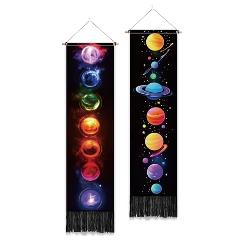 PLIGREAT 2 Pack Planets Tapestry with Tassels, Colorful Stars Art Wall Hanging Vertical Galaxy Solar System Home Wall Tapestry for Bedroom Living Room Long Narrow Decor, 52" x 13" - color: rainbow color