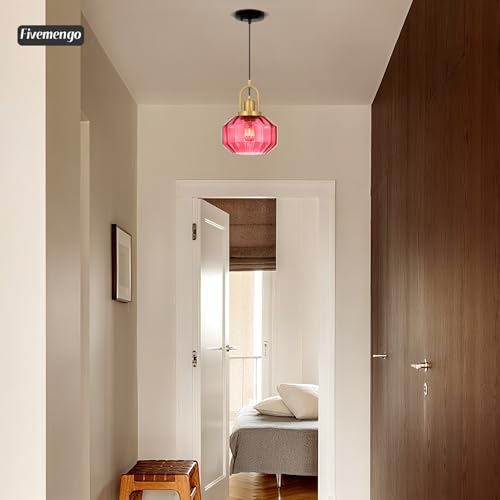 9in Mid Century Modern Pendant Light, Gold Small Wine Red Glass | Vintage Lighting Fixture Ceiling Hanging Lamp for Kitchen Island Foyer Dining Room Bedroom Entryway Hallway Over Sink Table - color: Wine Red & Gold Hardwire, size: 9in