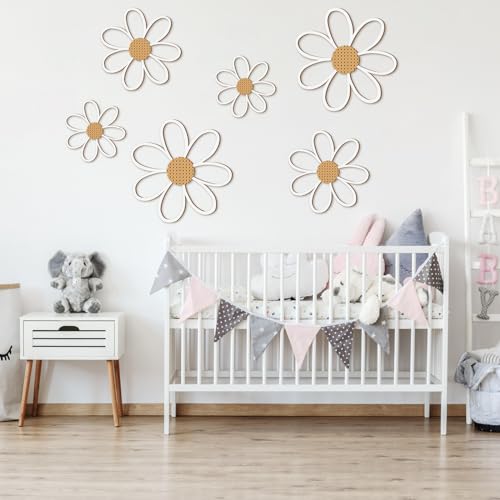 Thyle 6 Pcs Daisy Wall Decor Wooden Daisy Wall Sculptures Art Flowers Signs Hanging Plaque for Home Nursery Bedroom Farmhouse Bathroom Decorations Housewarming Gifts (White) - color: White