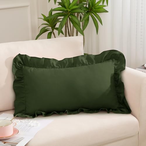 Olive Green Ruffle Lumbar Pillow Cover 12x20 Inch, Ruffled Cushion Case Covers for Couch Sofa Bed Living Room, Decorative Farmhouse Throw Pillow Cover, Pack of 1 - color: Olive Green, size: 20" x 12" (Pack of 1)