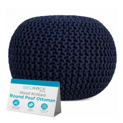 BIRDROCK HOME Round Pouf Ottoman Foot Rest - 18.5”x18.5”x15” Boho Compact Comfortable Soft Cotton Braided Foot Stool with Bean Bag Filling for Living Room, Bedroom, or Nursery (Navy) - color: Navy
