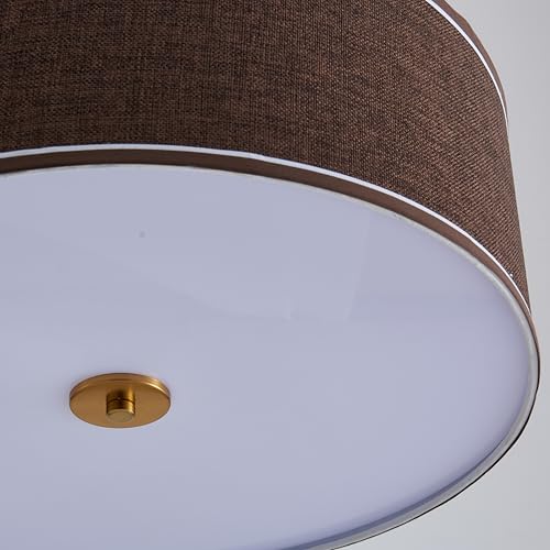 Shrine Lighting Drum Chandeliers, Farmhouse Style, Perfect Drum Pendant Light for Dining Room, D20'' x H7'', Adjustable Chains 59'', E26*3 Sockets, Brown Linen Fabric Lampshade & Gold Rod - color: Brown&Gold D20''