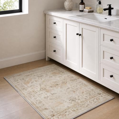 AMOAMI-2X3 Small Rug-Washable Rugs Entryway Mat Indoor-Soft Vintage Non Slip Rugs for Kitchen Laundry Room Bathroom Beige Decorative Accent Rug for in Front of Sink 24 Inch x36 Inch - color: Beige, size: 2' x 3' (Rectangular)