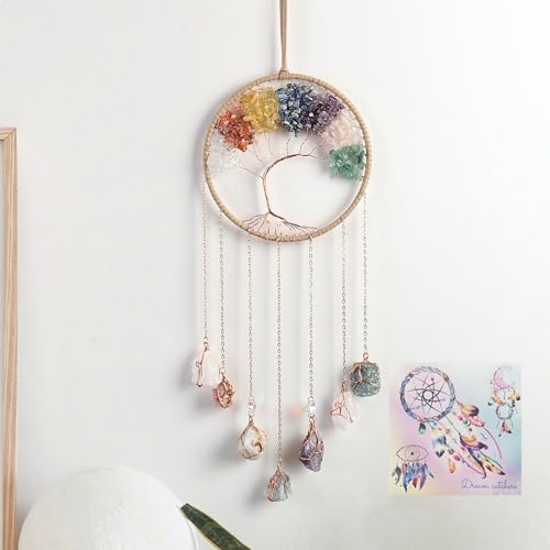 7 Chakra Wind Chimes Raw Stone Tree of Life Dream Catchers Hanging Ornament Natural Crystal Wind Chime for Home Garden Decoration(Gold) - color: Gold