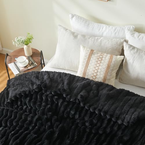 NEWCOSPLAY Super Soft Queen Blanket Black Premium Silky Flannel Fleece 3D Ribbed Jacquard Lightweight Bed Blanket All Season Use (Black Ribbed, Queen(90"x90")) - color: Black Ribbed, size: Queen(90"x90")