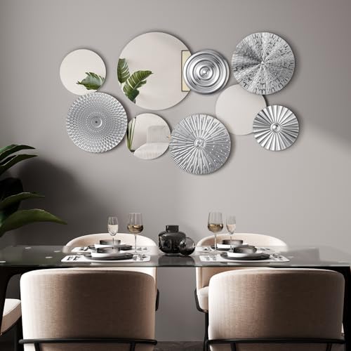 Blulu 9 Pcs Silver Mirror Wall Decor Metal Round Home Art Decor Decorative Modern Circle Mirror Wall Art Sculpture Hanging Decorations for Home Living Room Office - color: Silver
