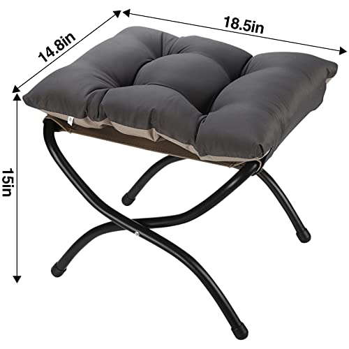 15" Foldable Foot Stool Ottoman with Metal Frame - Washable Dark Grey Upholstered Indoor/Outdoor Footrest for Living Room, Bedroom, Patio - Space-Saving Compact Design - color: Dark Grey