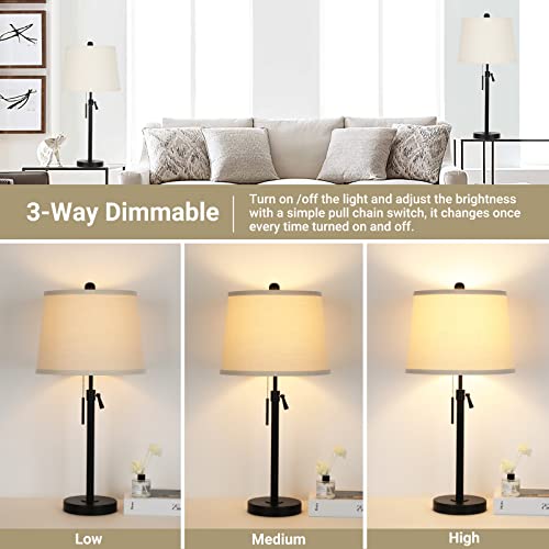 Bedside Table Lamps Set of 2: Tall Black Table Lamps for Living Room End Table | Height Adjustable 3-Way Dimmable Nightstand Lamp with Pull Chain Switch Modern Lamps for Bedroom Office(Bulbs Included) - color: Black+Beige Shade Set of 2