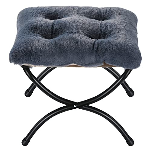 15" Foldable Foot Stool Ottoman with Metal Frame - Washable Faux Fur Navy Upholstered Indoor/Outdoor Footrest for Living Room, Bedroom, Patio - Space-Saving Compact Design - color: Fleece-navy