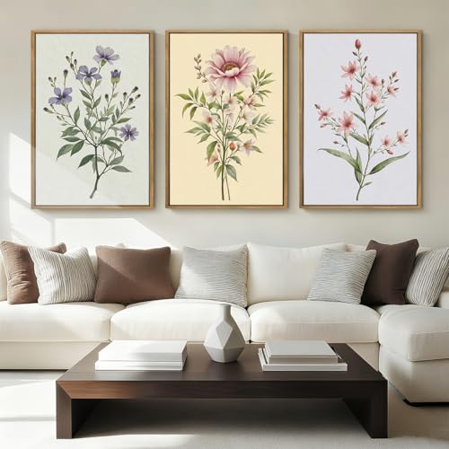 ANHUIB Boho Floral Canvas Wall Art, Framed Minimalist Beige Wildflower Wall Decor, Neutral Botanical Painting 16x24 Inch Set of 3 for Living Room Bedroom Dining Room - color: Floral, size: 24"L x 16"W