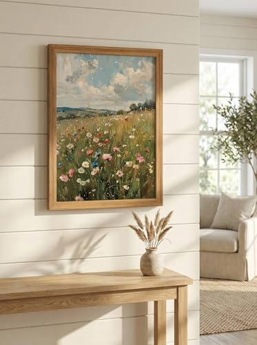 LBTZEVIR Framed Vintage Wildflower Wall Art Natural Colorful Floral Canvas Print for Living Rooms Bedrooms bathrooms and Offices 12x16 inches - color: Wildflower Sky, size: 16"L x 12"W