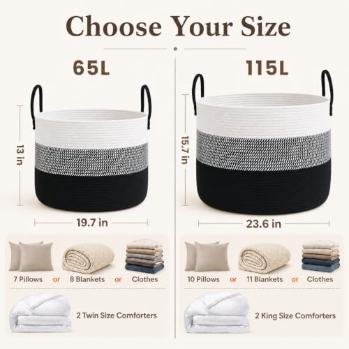 JMvicyroam 115L Extra Large Blanket Basket for Living Room - Woven Cotton Rope Laundry Hamper with Reinforced Handles - Storage Bin for Pillows, Comforters & Toys - Machine Washable,White&Black Mix - color: White&Black Mix, size: 115L