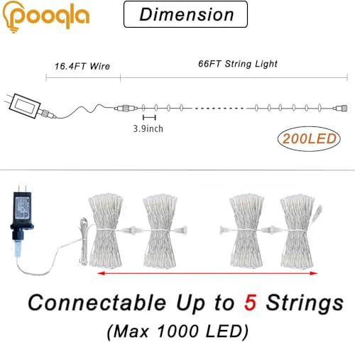 Pooqla 200 LED String Lights Indoor Outdoor, 66 ft Green Halloween Lights Plug in with Timer, Connectable 8 Modes Waterproof Clear Wire Twinkle Fairy Lights for Christmas Xmas Tree Decor - color: Green, size: 200LED