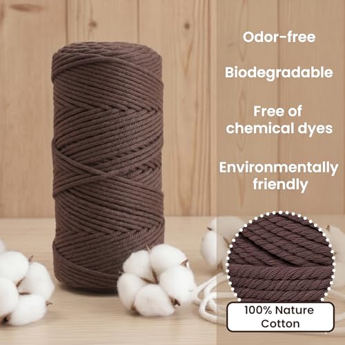 109 Yards Macrame Cord 4 Strand Twisted Recycled Cotton 4mm Brown String for Crafts Wall Hangings Plant Hangers DIY Knitting Macrame Supplies - color: Brown, size: 4mmx109Yards