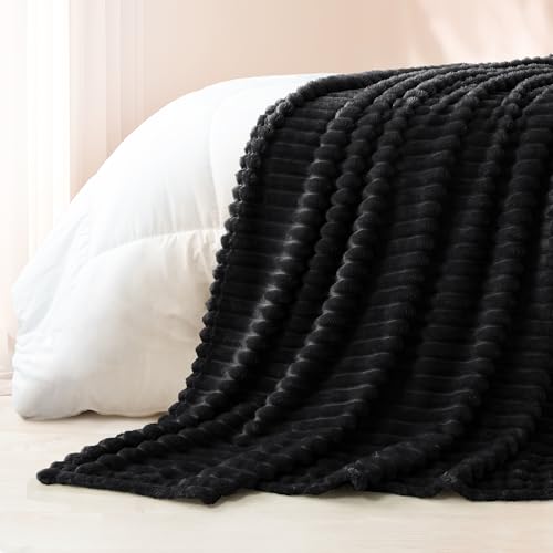 Exclusivo Mezcla California King Size Flannel Fleece Blanket, Super Soft Striped Jacquard Bed Oversized Blanket, Lightweight Fuzzy Cozy for All Seasons, 120x120 Inches, Black - color: Black, size: Cal King ( 120x120 IN )
