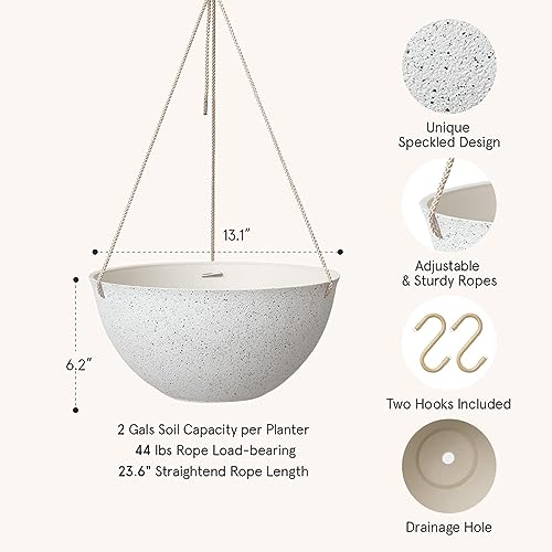 LA JOLIE MUSE Large Hanging Planters for Outdoor Plants - 13 Inch Hanging Flower Pots Set of 2, Speckled White - color: Speckled White