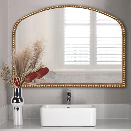 ironsmithn Gold Arched Mirror, 28"x36" Antique Mirrors with Beaded Frame, Classic Vintage Decorative Mirror, Marlowe Accent Mirrors for Mantel Fireplace Bedroom Bathroom Living Room Entryway - size: 28"L x 36"W