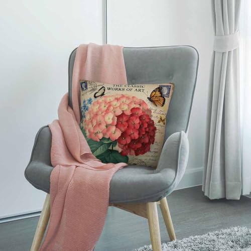 HGOD DESIGNS Throw Pillow Cover Ixora Flower with Vintage Butterfly Stamp Old Style Letter Yellow Pink Green Home Decorative Pillow Cases Cotton Linen Square Cushion Covers for Sofa Couch 18x18 Inch - color: Pillow 69