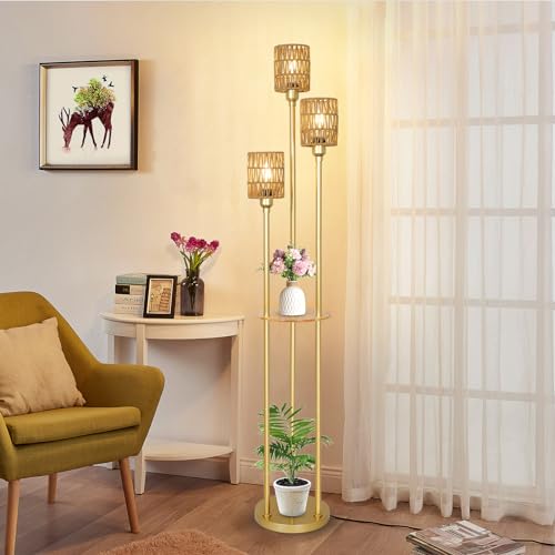 Boho Floor Lamp with Shelves, 3-Lights Farmhouse Tall Floor Lamp with ON/Off Foot Switch, Gold Modern Floor Lamps with Rattan Shades, Rustic Standing Lamp for Living Room, Bedroom, Office - style: Gold-Rattan Shade
