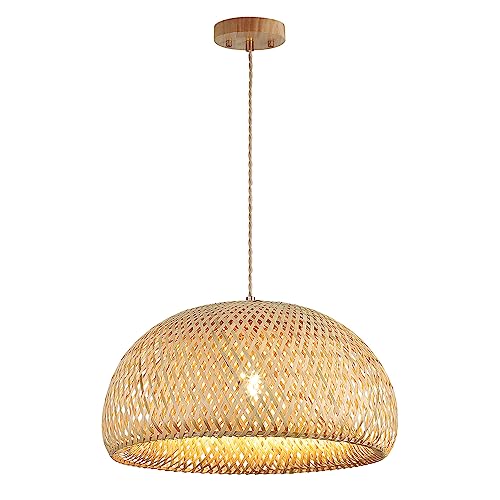 Bamboo Large Pendant Light Fixture 17.8 inch One-Light Adjustable Rustic Basket Handmade Woven Pendant Lighting for Kitchen Island Farmhouse Dining Room Living Room - color: Natural