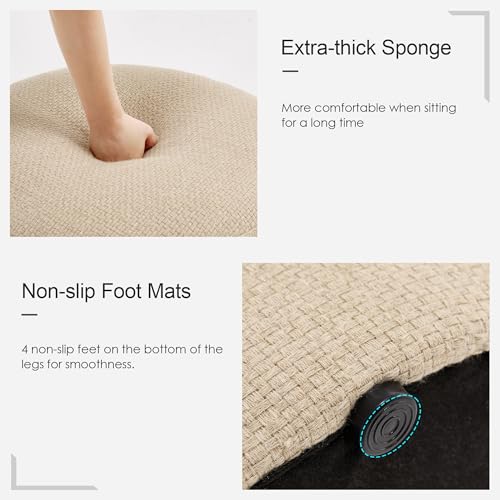 Boho Round Ottoman, Soft Pouf Ottoman, Farmhouse Footstool with Soft Padded Seating & Solid Wood Frame, Upholstered Vanity Stool Accent Seat for Living Room, Bedroom, Beige Woven Linen - color: Beige Weaving Linen Rope, size: Set of 1