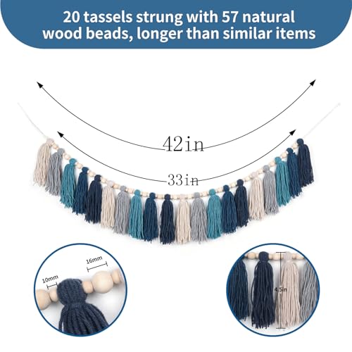 GIAUMA Navy Blue Yarn Tassel Garland with Wood Beads Boho Coastal Wall Hanging Tassels Bunting Banner for Nursery Classroom Kids Room Bedroom Baby Shower Birthday Party Dorm Office Wedding Decor - color: Blue
