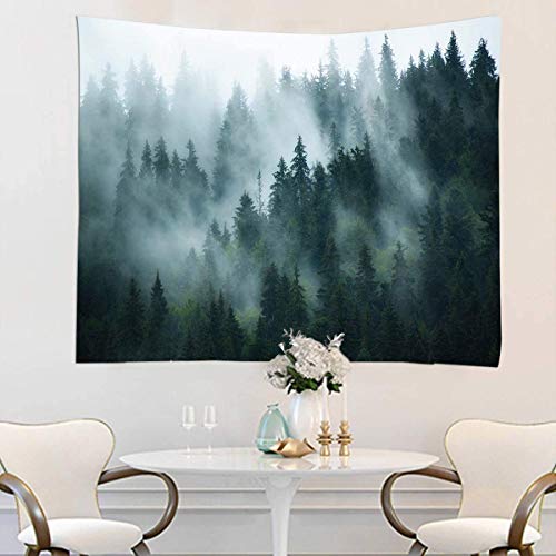 YISURE Misty Forest Tapestry, Foggy Tree Wall Hanging Tapestries Nature Pine Woodland Wall Art for Bedroom Living Room, 80‘’W x 60''L - size: 60"L x 80"W