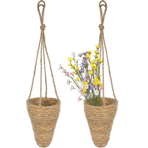 CITYES 2 Pcs Hanging Basket for Wall Conical Hanging Wicker Basket with Hemp Rope Handmade Wall Planter for Garden Home Flowers Planters Boho Decor Front Door Porch Entryway (Flowers Not Included)