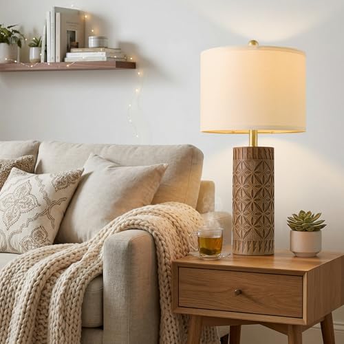 BOBOMOMO 24.25" Modern Farmhouse Table Lamps Set of 2, Geometric Wood Grain Resin Bedside Lamps for Nightstand, Rustic Lamps for Living Room, Bedroom, Entryway, Home Decor, Linen Shade - size: 24.25"