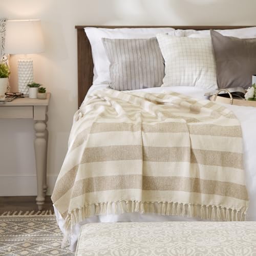 DII Rustic Farmhouse Cotton Cabana Striped Blanket Throw with Fringe, 50 x 60 - Cabana Striped Stone - color: Stone