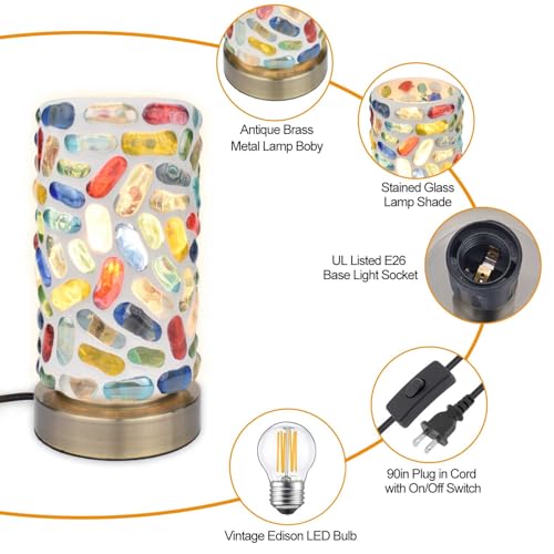 Handmade Turkish Mosaic Table Lamp, Cylinder Stained Pebbles Glass Pieces Nightlight with Antique Brass Base, Colorful Boho Accent Lamp for Bedroom, Living Room, Meditation Decor, LED Bulb Included - color: Pebble