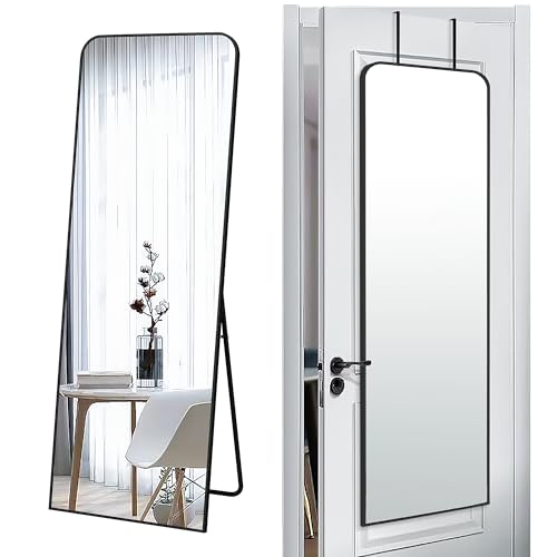 SCWF-GZ 57x20 Full Length Mirror Over The Door Hanging, Floor Stand/Wall Mounted Aluminum Alloy Frame Dressing Mirror for Bedroom Living Room 57 inch Black - color: Black, size: 57"L x 20"W