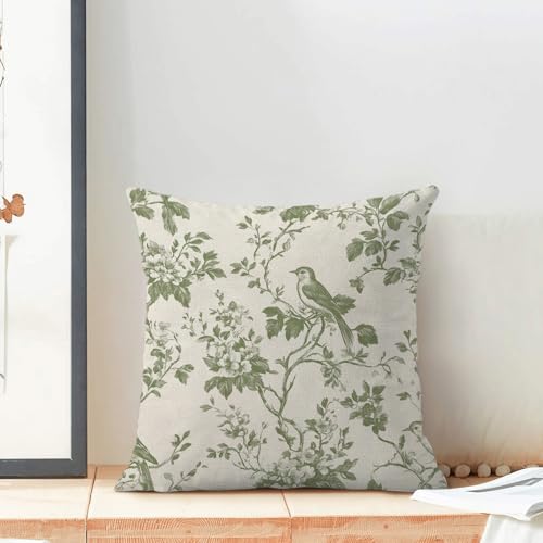 Sage Green Pillow Covers 18x18 Set of 2 Chinoiserie Flower Birds Throw Pillow Covers Outdoor Decor Spring Summer Vintage Floral Pillowcase Farmhouse Decorative Linen Cushion Case for Couch Sofa - color: A-floral Birds-green, size: 18" x 18" (Pack of 2)