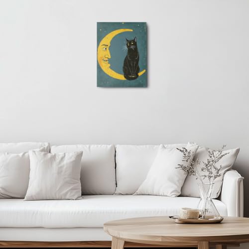 Vintage Cat Sitting on Moon Canvas Wall Art, Cat Aesthetic Framed Art Paintings Wall Decor Cats Lover Prints Picture for Living Room Dining Room Bedroom Farmhouse Decor 11.5x15 Inch - color: Multi 1392