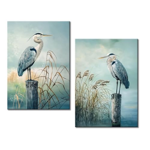 2 Piece Heron Canvas Wall Art Cyan Bird Picture Artwork Coastal Birds Print Painting Modern Birds Picture Poster Framed for Living Room Bedroom Barhroom Wall Decor - color: Cyan, size: 36"L x 24"W