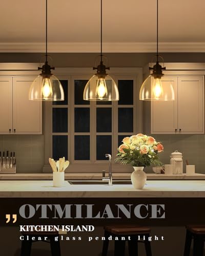 Black Pendant Lights Kitchen Island, 7.5'' Modern Glass Pendant Light 2 Pack, Farmhouse Pendant Lights with Clear Glass Shades, Hanging Island Pendant Lights for Kitchen, Bedroom, Bathroom - color: Clear Glass-Black+Cord, size: 2-Pack
