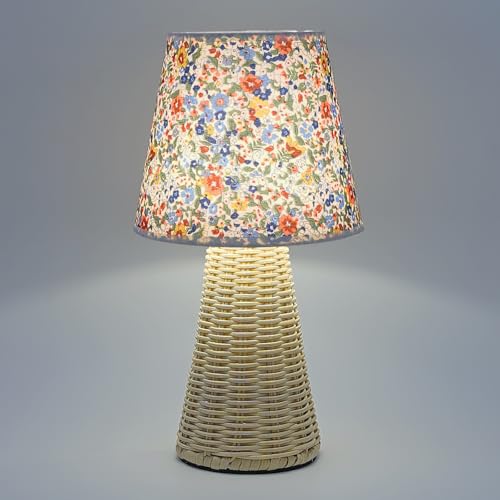 Vintage Small Wicker Lamp, Rattan Body Fabric Lampshade, Adjustable Light Color and Brightness, Power-Off Memory, Safe USB Powered, Boho Style Night Light for Bedroom Living Room (Cone-Floral) - color: Cone-Floral