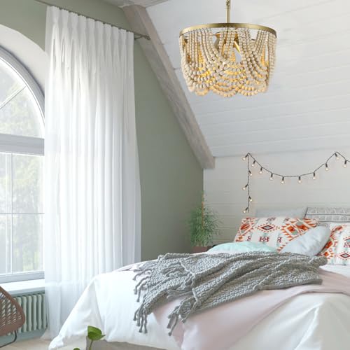 Bohemia Wood Beaded Chandelier, 3-Light Boho Light Fixture, 12.6inch Boho Chandelier Light Fixtures for Dining Room, Bedroom, Living Room, Nursery, Girl Room, Hallway and Entryway, Adjustable Chain - color: Oak-12.6INCH