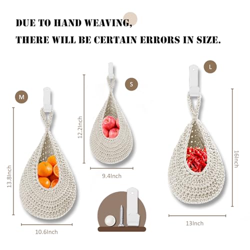 Boho Decor Hanging Fruit Baskets for Kitchen, 3 Pack Handwoven Teardrop Wall Hanging Baskets with Hooks, Storage for Fruits, Onions, Vegetables & Potatoes, 3 Sizes for Home, White - color: Large-White