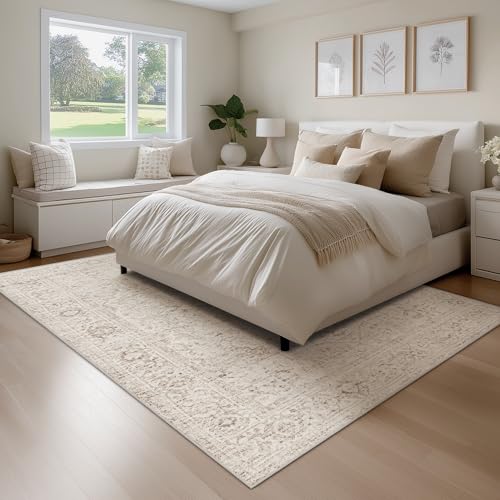 FMFUNCTEX 5x8 Washable Area Rug Neutral Vintage Beige Distressed Non Slip Low Pile Traditional Indoor Carpet for Living Room Bedroom Soft Retro Mat Throw Rug for Dining Office Kitchen Dorm Entryway - color: Beige, size: 5' x 8' (Rectangular)