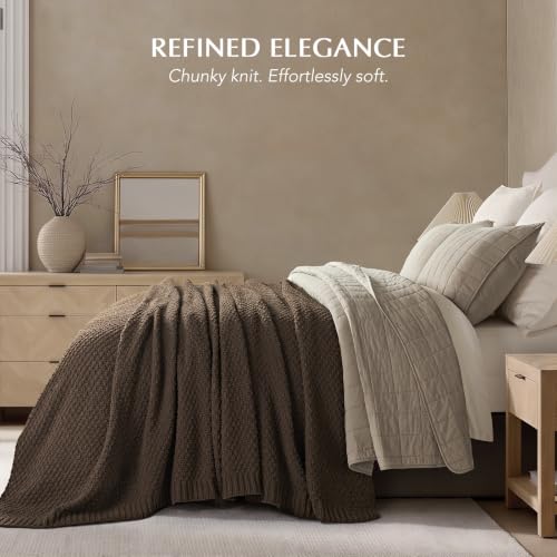 EVERGRACEHOME Chunky Chenille Knit Throw Blanket for Couch, Soft Luxurious Oversized Queen Moss Stitch Blanket for Bed, Cozy Farmhouse Knitted Throw for Sofa, Cocoa Brown, 90" x 90" - color: Cocoa Brown, size: 90" X 90"